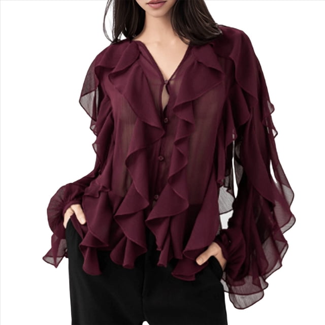 Blusa Informal Elegante para Mujer, de Larga, con Cuello en V y Volantes, Ideal para Oficina y Trabajo. Vino Tinto M
