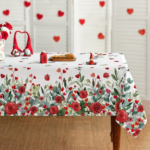 Valentine Tablecloth 60×84 Inch Rectangular, Rose Flower Butterfly Red Hearts Washable Table Cover for Party Picnic Dinner Decor
