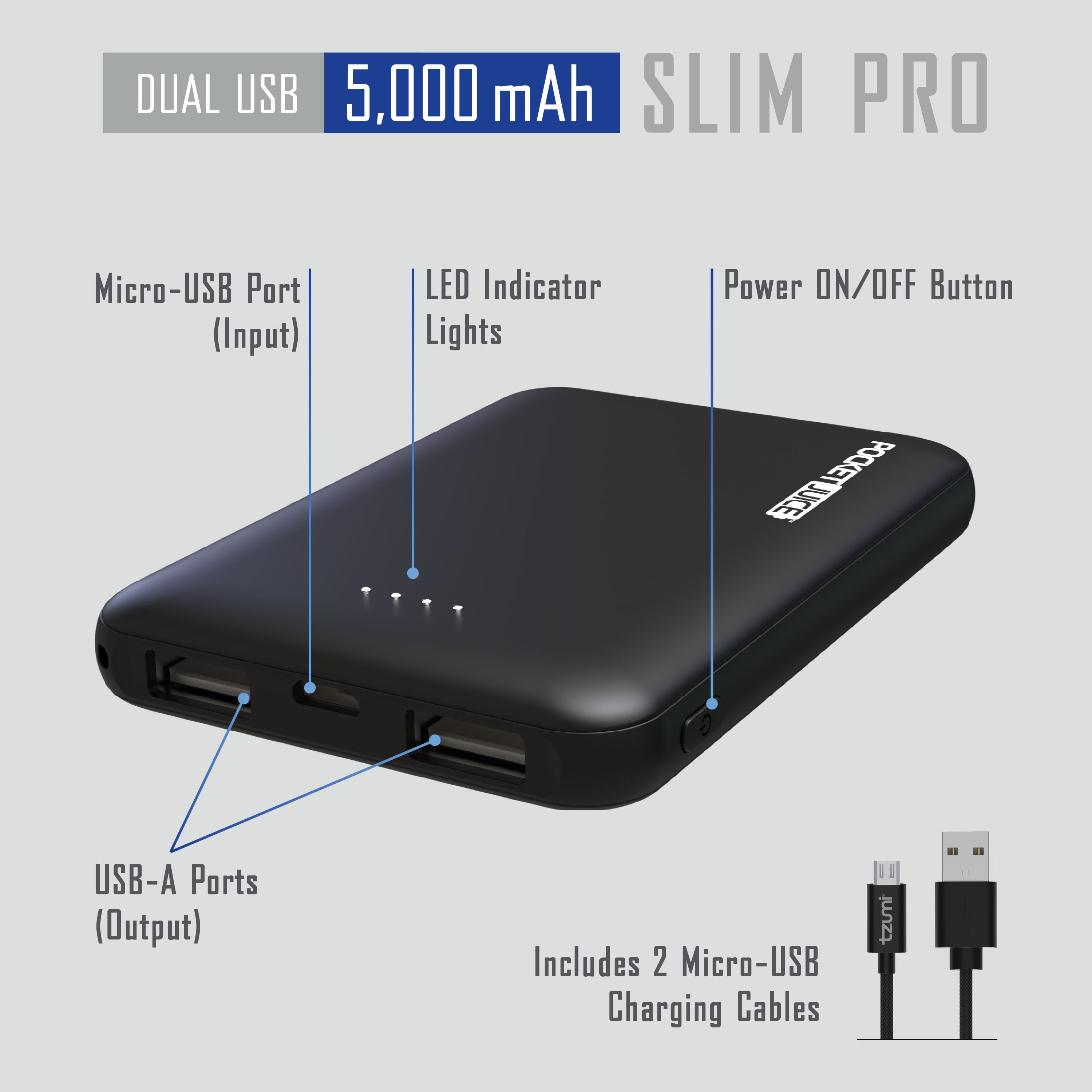 Pocket Juice Slim Pro 5,000mAh 2-Pack, Portable Power Bank and Charger with Dual USB Ports