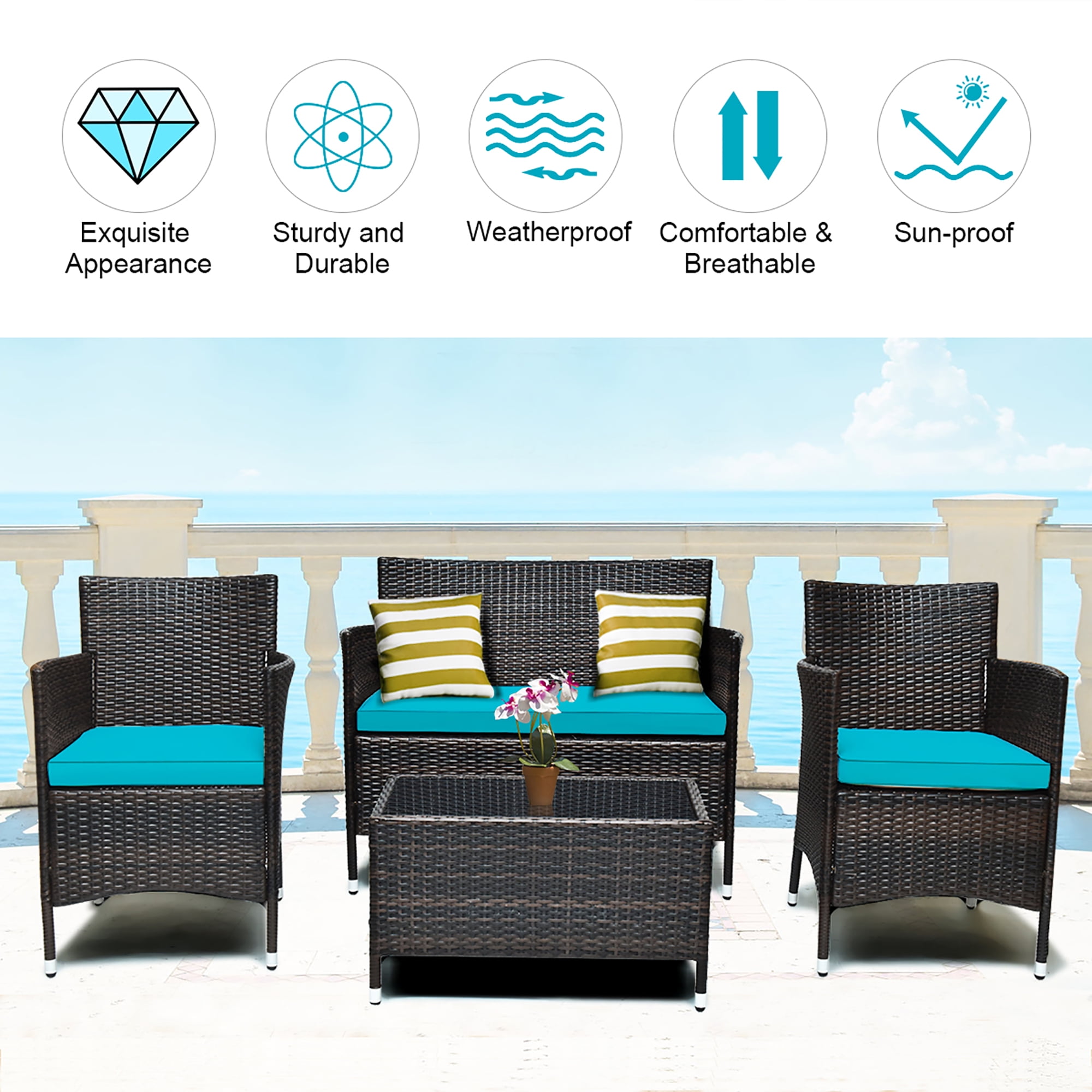 Costway 4PCS Outdoor Patio PE Rattan Wicker Table Shelf Sofa Furniture Set With Turquoise Cushion