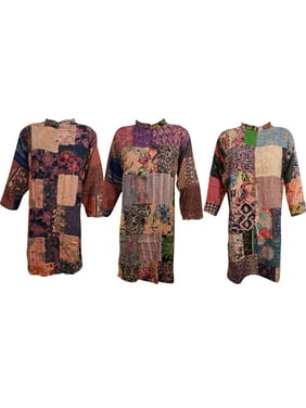 Mogul Womens Tunic Dress Button Down Patchwork Design Embroidered Bohemian Fashion Ethnic Wear Wholesale Lot Of 3