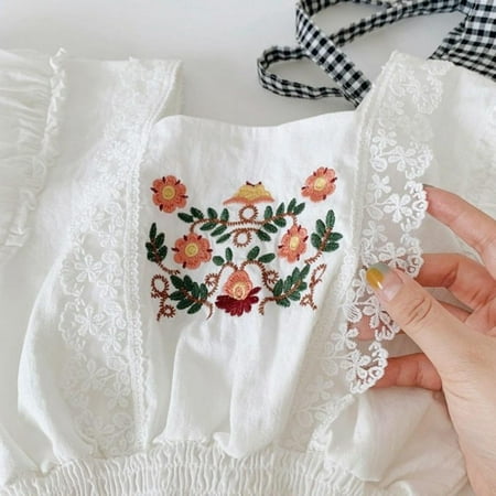 

Summer Girls Sweet Lovely Square Collar Flared Sleeves Pure Color Embroidered Cotton High Waist Girdle White Short Shirt Top
