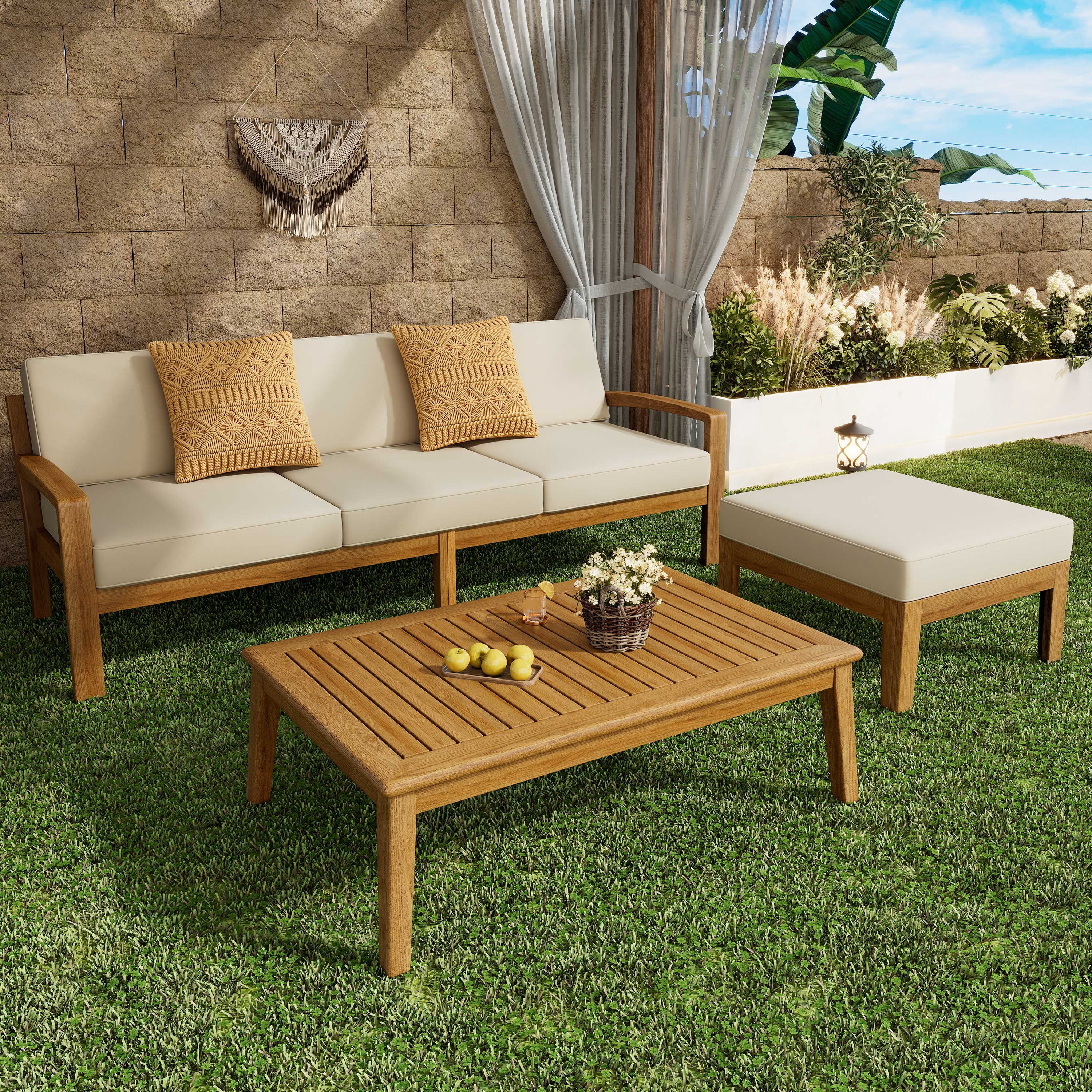 L-Shape Outdoor Acacia Wood Sectional Patio Sofa Set, 3-Piece Seating with Ottoman & Coffee Table, Weather-Resistant Cushions for Garden Backyard, Teak+Beige