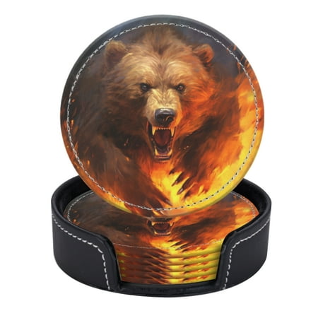

PU Leather Coasters for Drinks Bar Beer Set of 6 with Holder Round Housewarming Gift Angry Bear With Fire In Mouth