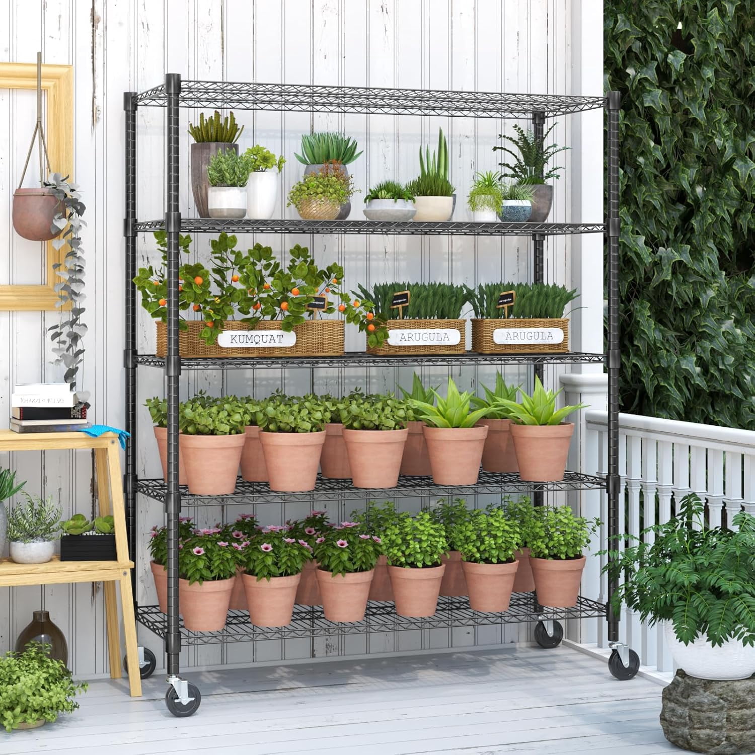 Sailvan 48"W x 18"D x 82"H Heavy Duty Wire Shelving Unit, 3000LBS Capacity 5-Tier Metal Storage Shelves with Wheels, Adjustable Garage Rack,Black