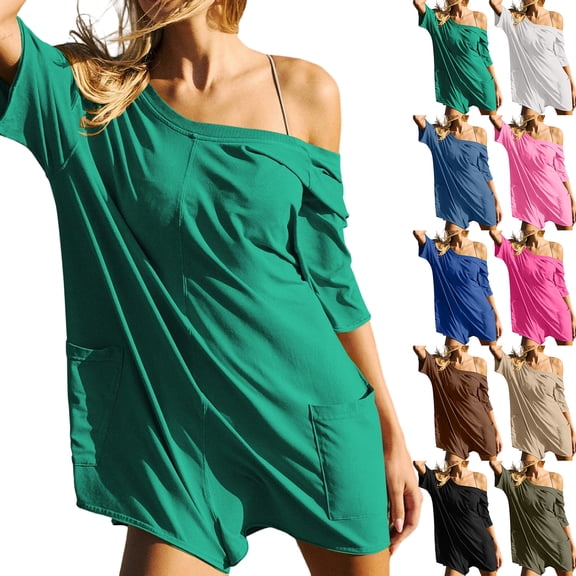 Laqbezok Women's Off-The-Shoulder Romper, Loose Casual Short Sleeve Jumpsuit, Summer One-Piece Playsuit with Pockets