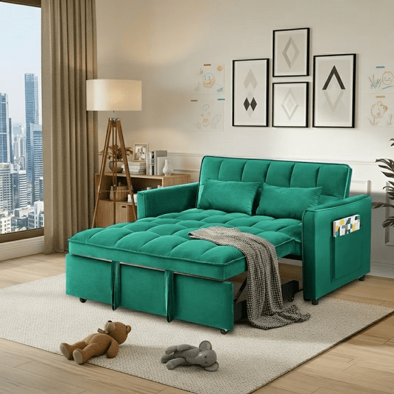 Howcool 55" 3 in 1 Convertible Sleeper Sofa Bed, Pull Out Loveseat Couch with Storage Pocket,Green