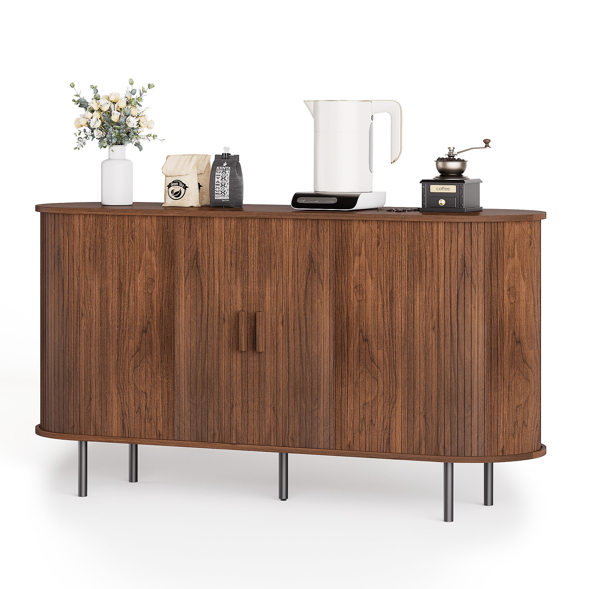 MARNUR Sideboard Buffet Cabinet 55" Storage Cabinet with 2 Sliding Tambour Doors, Adjustable Shelves for Kitchen Office Bedroom Hallway Entryway, Walnut