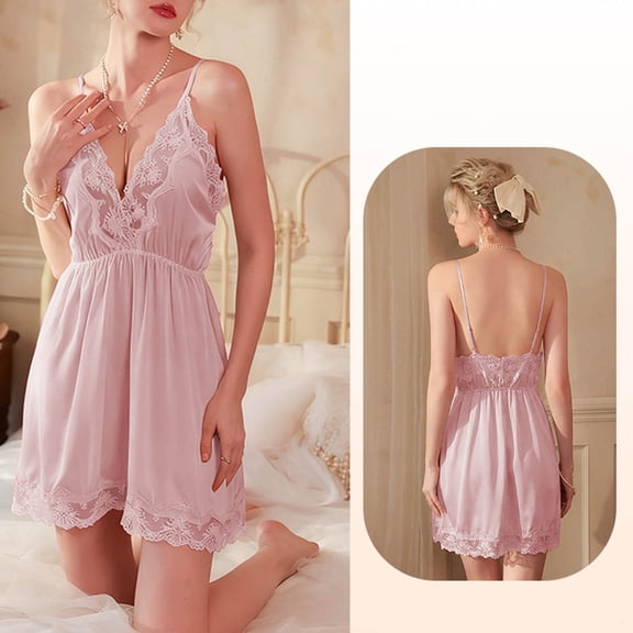 Warop Women's Satin Nightgown, Fashionable Sexy with Lace Trim, Sleeveless Spaghetti Strap V-Neck, for Sleep and Lounge Wear