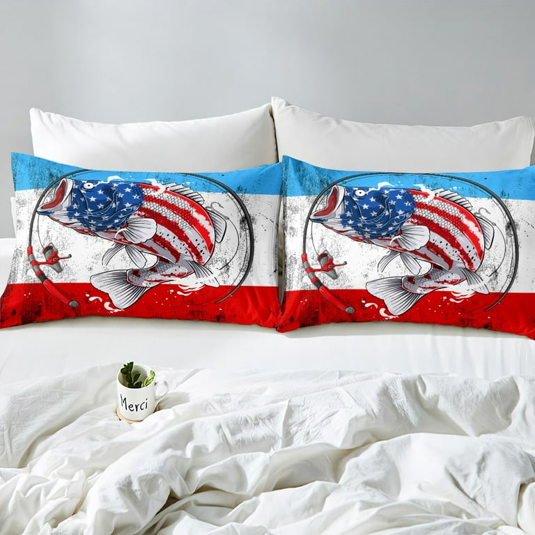 US Bass Fish Bedding Sets Queen American Flag Comforter Cover, Hunting and Fishing  Bed Sets Blue White Red Stripe Duvet Cover, Rustic Lodge Cabin Quilt Cover,  Grunge Decoratives 3 Piece 