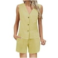 thumbnail image 2 of yievot Women's Summer 2 Piece Outfits Sleeveless Matching Sets Plaid Printed Button Down V Neck Vest Waistcoat and Shorts with Pockets, 2 of 8