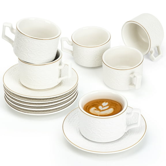 6-Piece 3.2oz Ceramic Cappuccino Cup and Saucer Set – Space-Saving Stackable Coffee Cups for Latte, Mocha, Tea – Ideal Gift for Thanksgiving, Christmas, Family & Friends-White