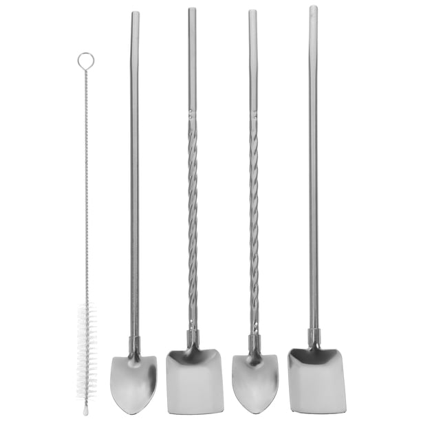 1 juego de pajitas de acero inoxidable, cucharas para beber y cucharas para mezclar con mango largo