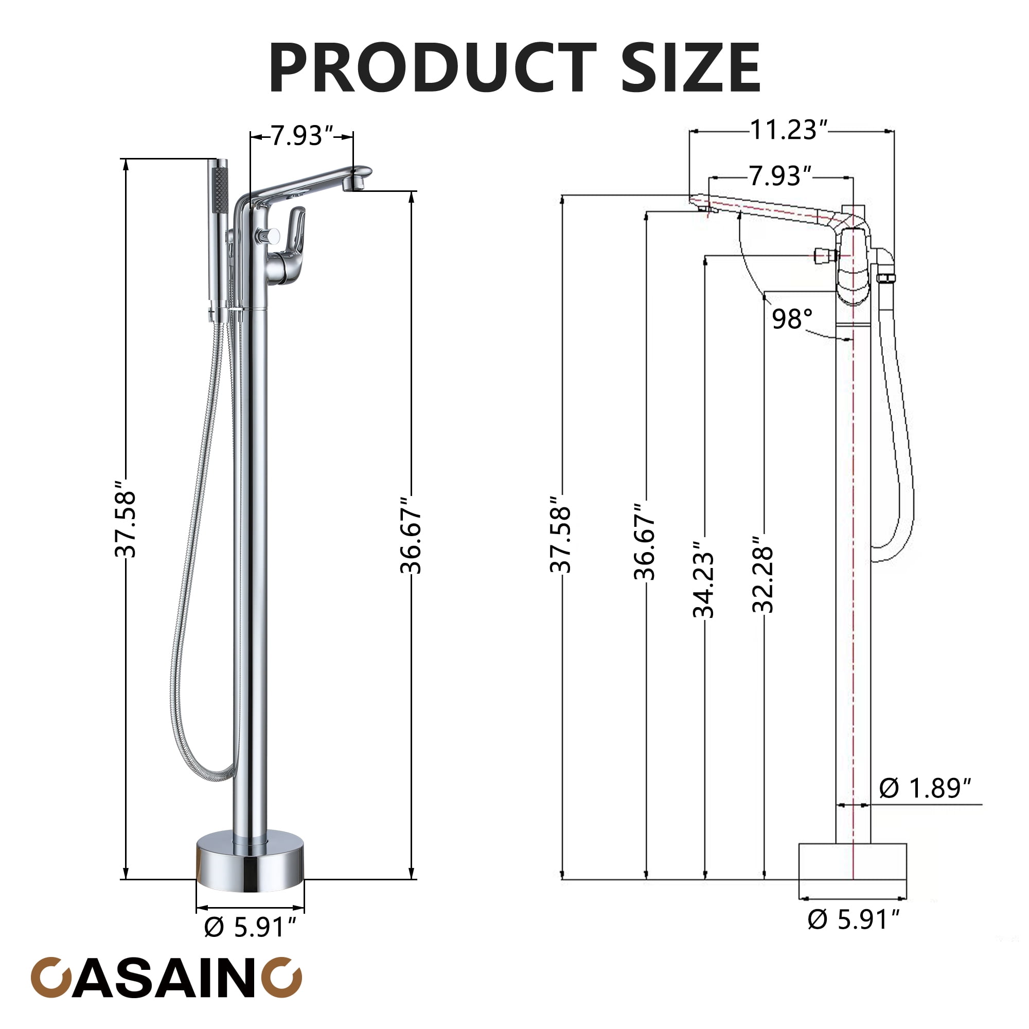 CASAINC Single-Handle Modern Floor Mount Freestanding Bathtub Faucet with Handheld Shower in Chrome Plated
