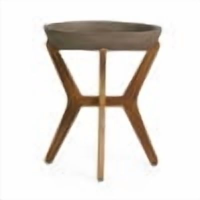 Outdoor Combined Material Side Table, Concrete and Acacia Wood Craft Accent Table for Patio Garden, Light Gray