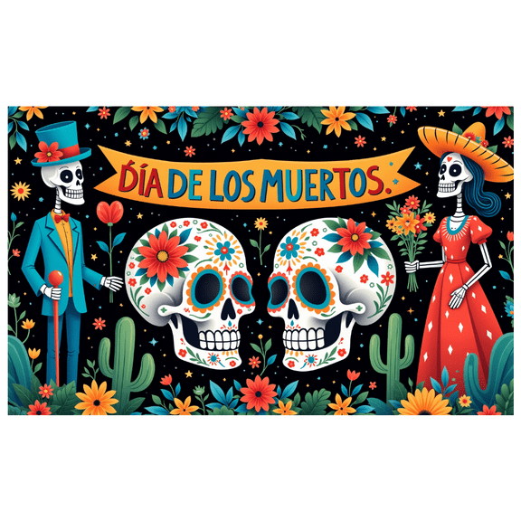 Floral Skull Day of the Dead Celebration Banner for Halloween Mexican Festival Cultural Event