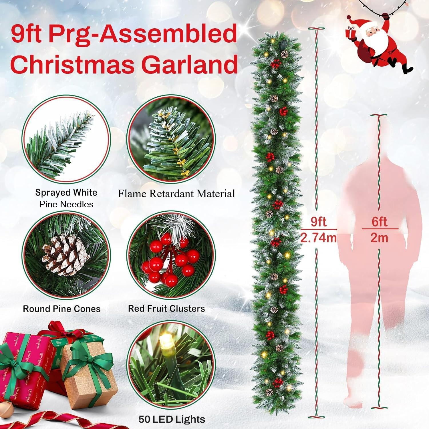 BN-LINK 9FT Christmas Garland with 8 Lighting Modes, Battery Operated Garland with Pine Cones Red Berries, 50 LED Lights & 240 Branch Tips, Christmas Decor for Indoor Outdoor Home