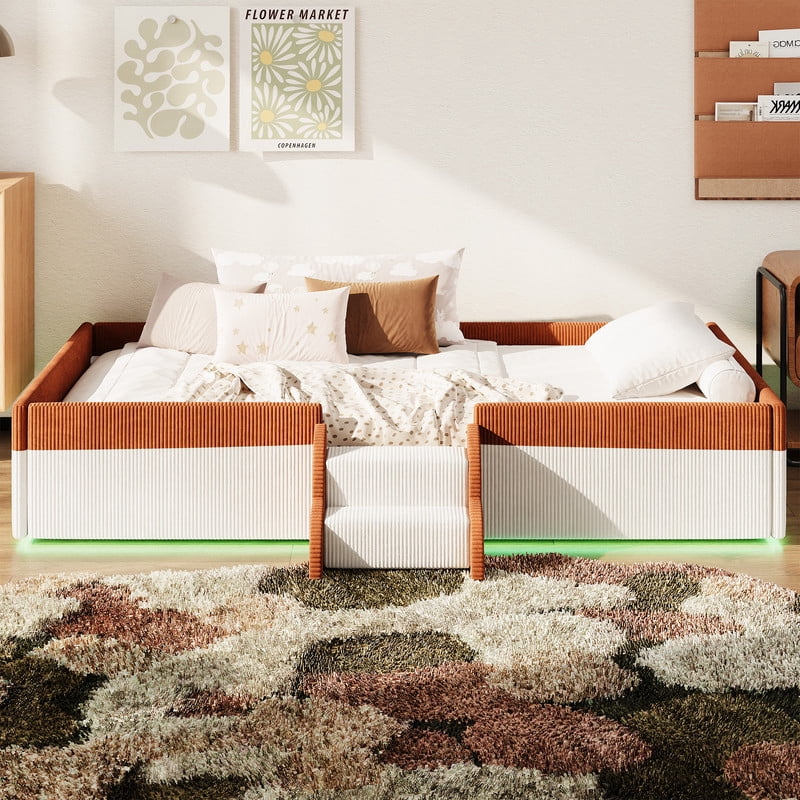 Twin Size Corduroy Upholstered Floor Bed Frame with Fence, Kids Low-Profile Platform Bed with 2-Tier Steps & Smart LED Lights