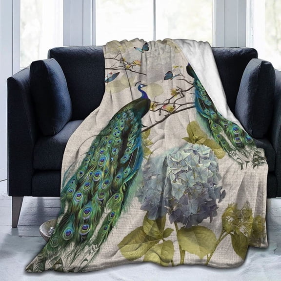 Peacock and Vintage Botanical Throw Blankets Flannel flannel Blanket 60"X50",for Bedding,Couch,Sofa,Bed,Warm Throw Blanket for Kids Room A Great Gift Decorations