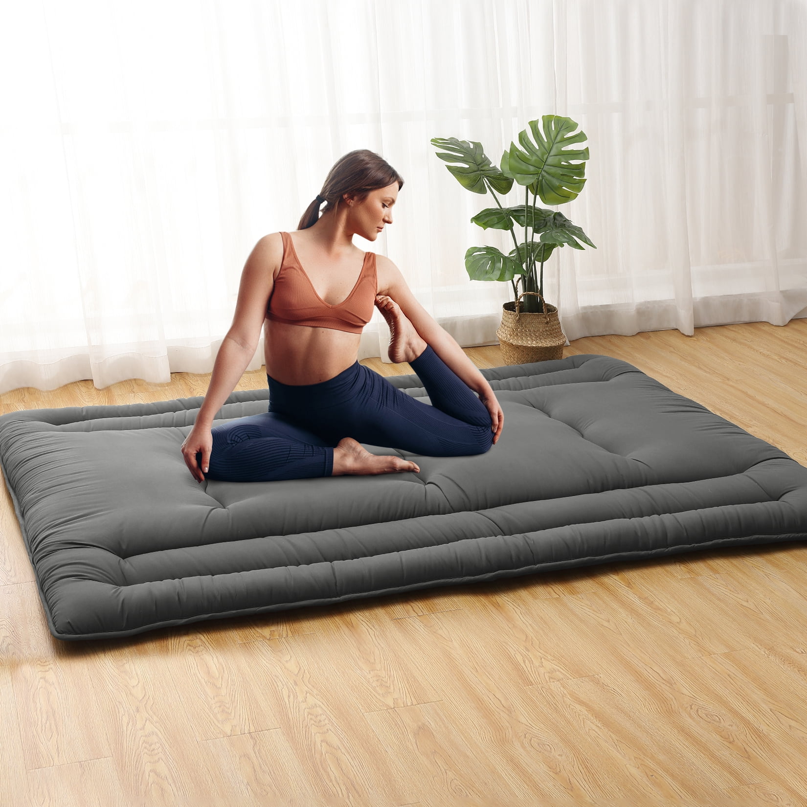 Full Size Foldable Floor Mattress, Japanese-Style Roll-Up Foam Sleeping Mat, Space-Saving Tatami Floor Bed for Living Room or Bedroom, Dark Gray