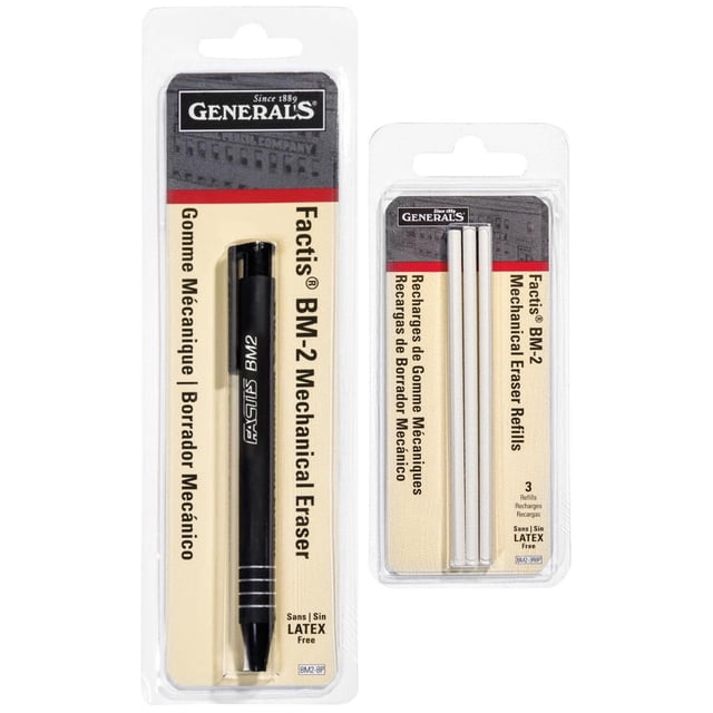 General Pencil - Paquete de borrador de lápiz + recambios - GPBM2-BP Factis Pen Style Eraser Plus GPBM2-3RBP Factis Pen Style Eraser recambios (lápiz + recambios)