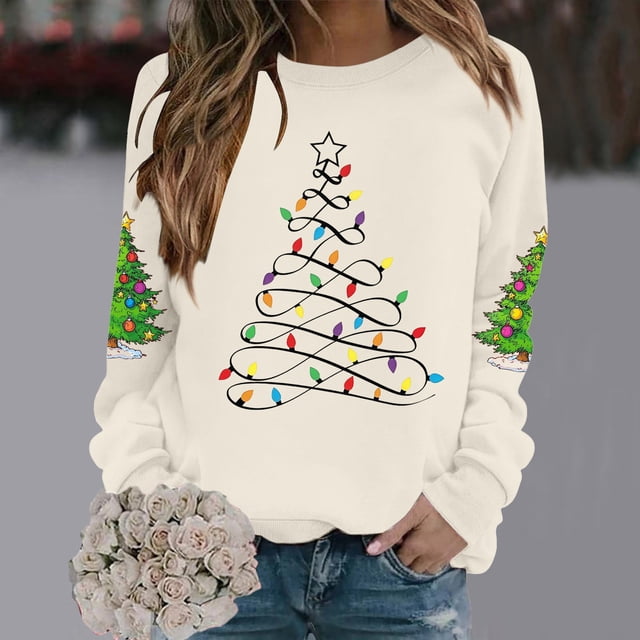 Chandails d'Automne Grande Taille pour Femmes Chandails de Noël pour Femmes Tête de Cerf Imprimée Col Rond Manches Longues Sweat à Capuche Amusant