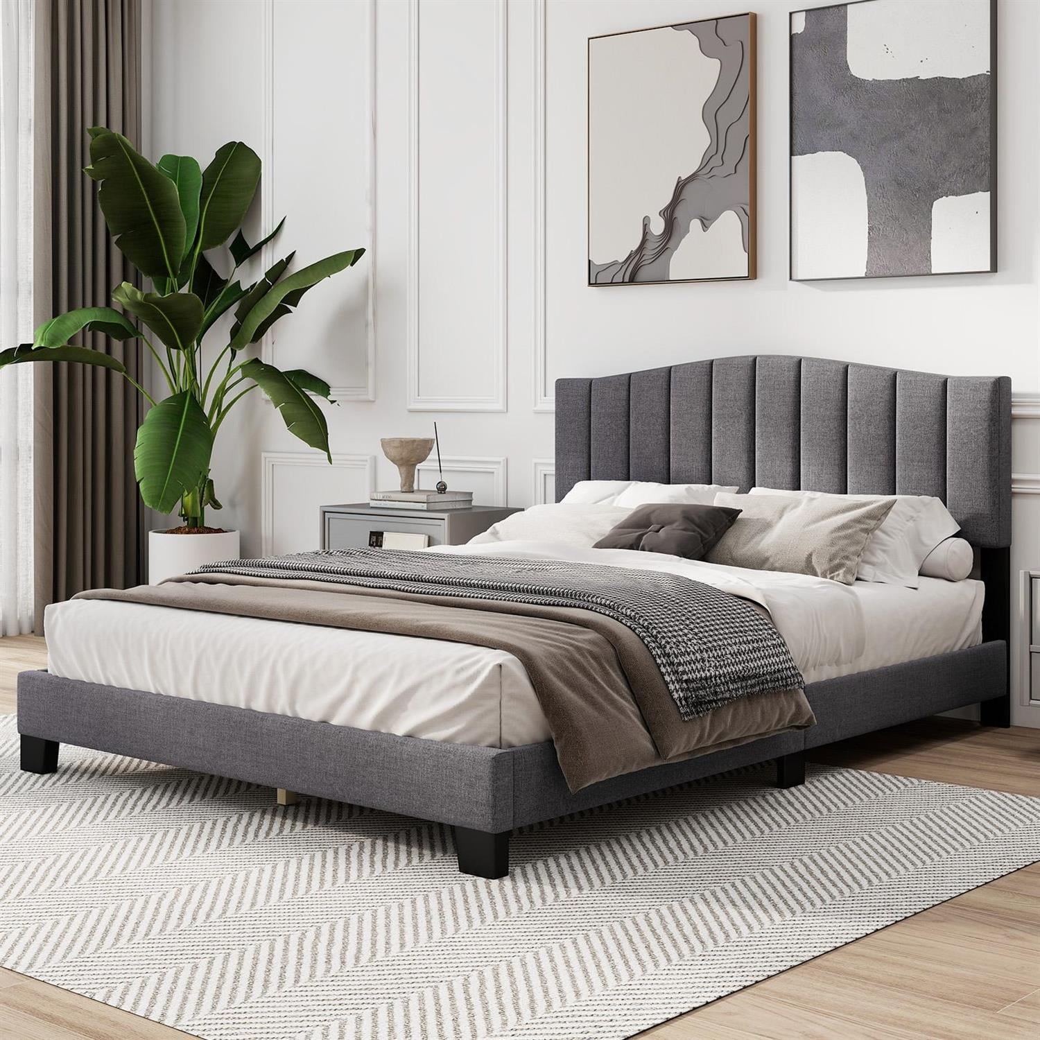 Spaco Queen Size Modern Upholstered Bed Frame, Adjustable Vertical Channel Tufted Headboard, Linen Fabric & Foam, 12 LVL Slats, Gray + Black