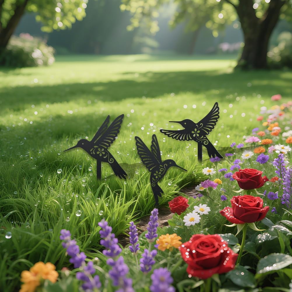 3 Styles Hummingbirds Metal Decorative Garden Stakes Funny Hummingbirds Flowers Metal Silhouette Statues Animal Garden Ornament Gifts Black Yard Art Decoration for Outdoor Backyard Patio Lawn