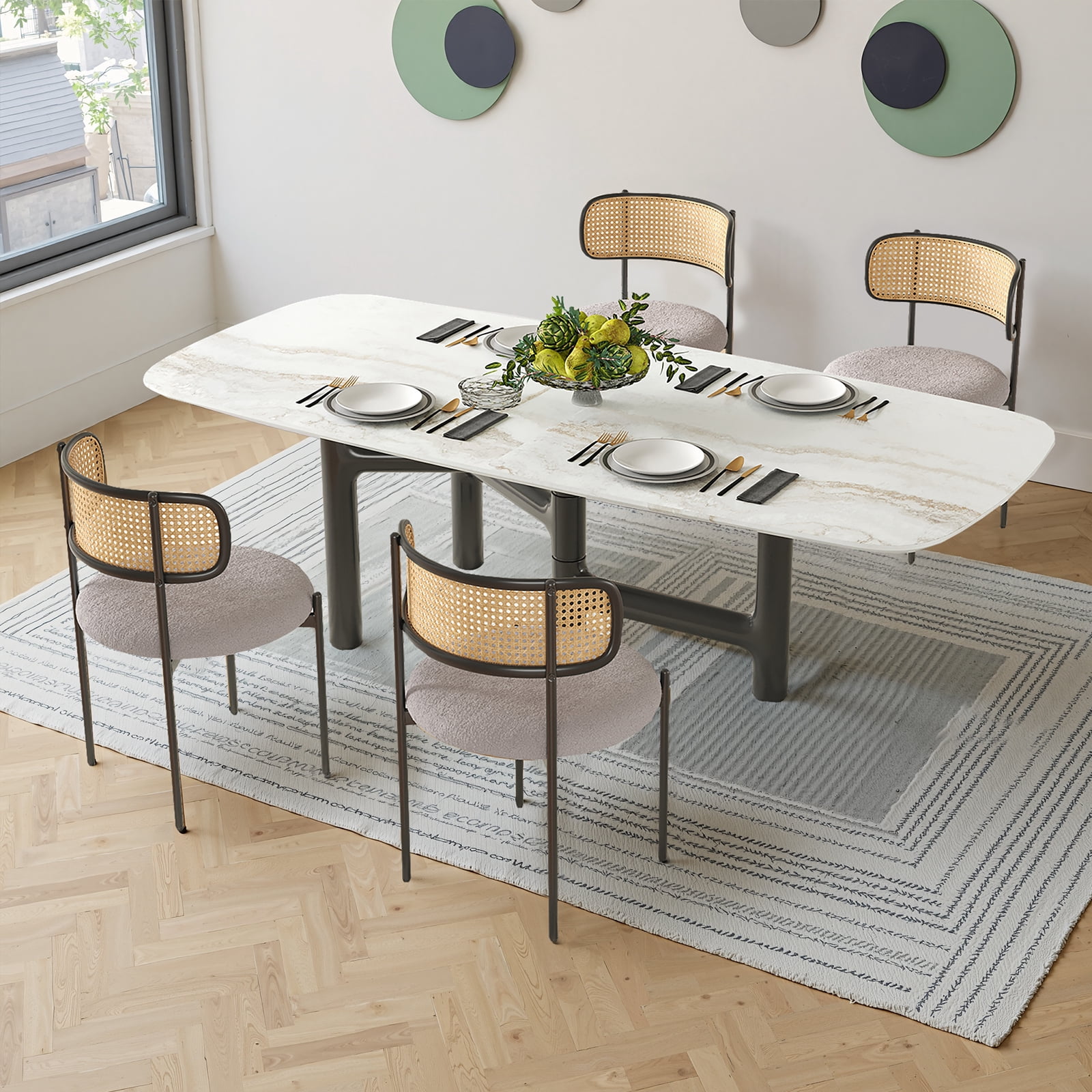 MAYEERTY 4-Pack Light Gray Modern Upholstered Dining Chairs, Rattan Back, Metal Legs, Kitchen Accent