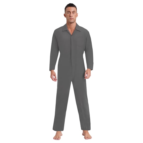 TiaoBug Men's Solid Color Coveralls Long Sleeve Jumpsuit Turn-down Collar Overalls One Piece Dungarees with Pockets Grey 3XL