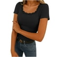 thumbnail image 3 of TAGOLD Womens Casual Summer Short Sleeve Tops Solid Color Ribbed Lace Slim U Neck Layering Tee, 3 of 5