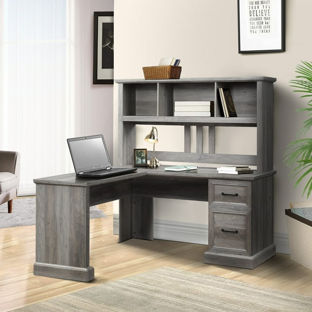 BELLEZE 60" LShaped Computer Corner Desk with Hutch, Gray Wash