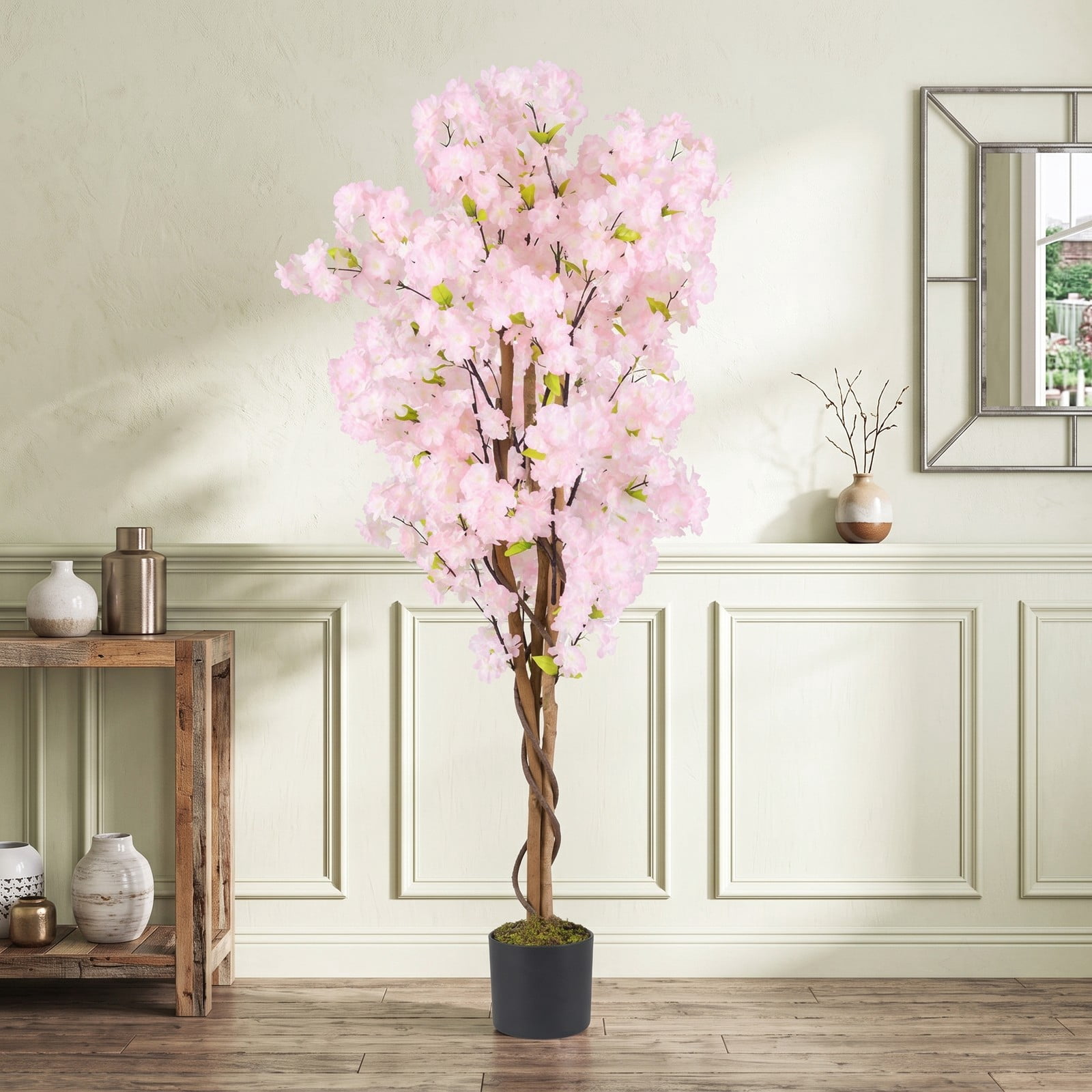 ALPULON 5 FT Artificial Cherry Blossom Tree with Pink Flowers, Faux Silk Blossom Tree with Cement-Filled Pot and Adjustable Wired Branches for Home Office, Pink