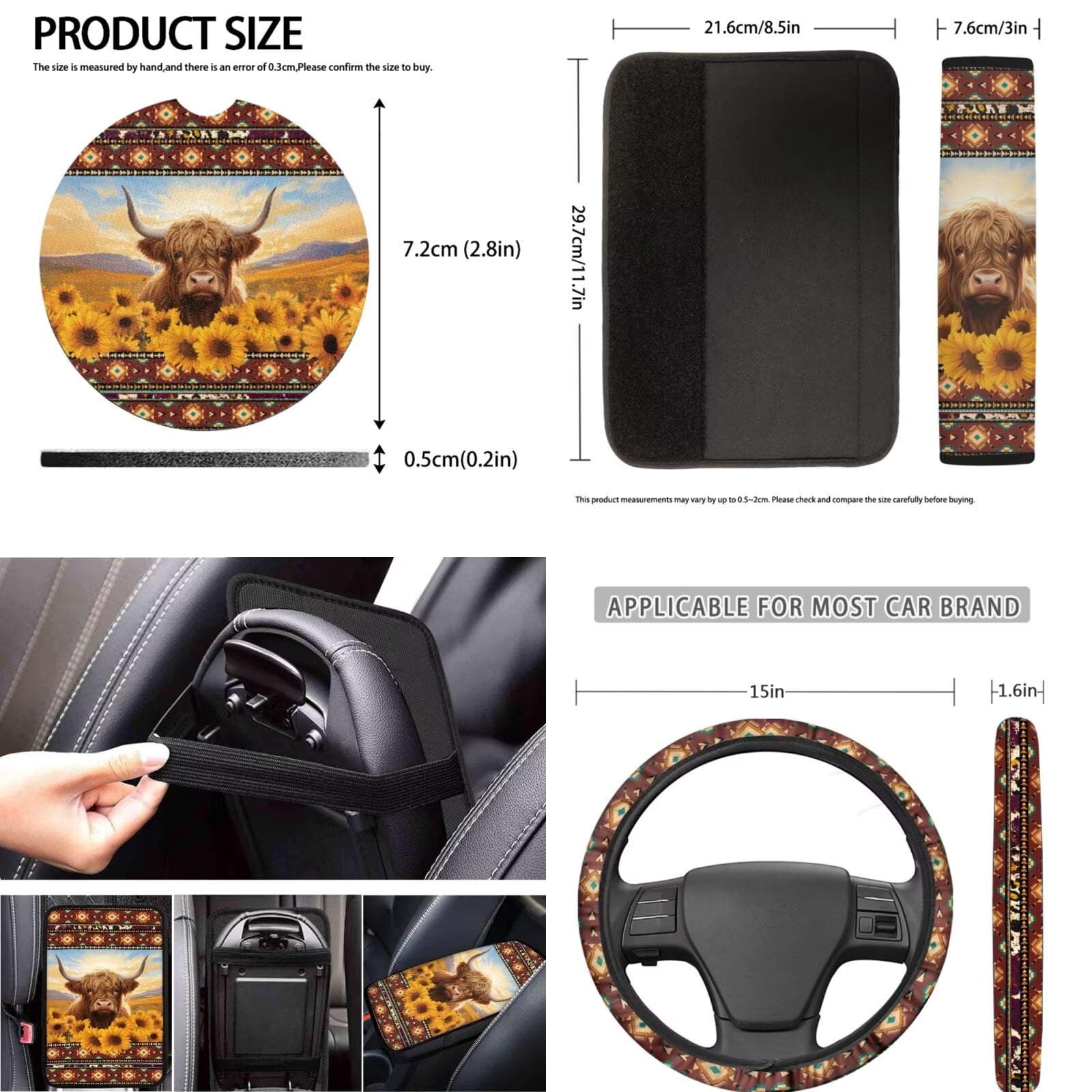 LedBack Aztec Sunflower Car Seat Covers Full Set Highland Cattle Car Front/Rear Seat Cover for Mosts Cars Van SUV Truck, 12 Pcs Steering Wheel Cover Armrest Pads Seat Belt Cover Coaster