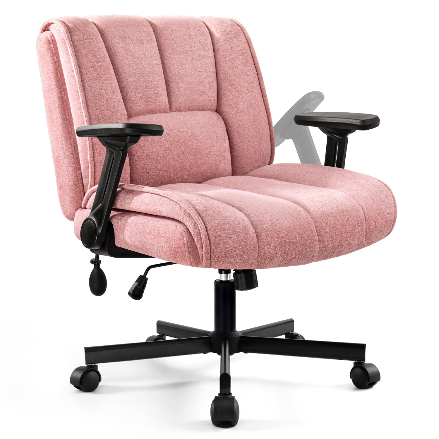 BOSSIN Criss Cross Chair with Wheels,Cross Legged Office Chair,Wide Criss Cross Chair with Flip-Up Arms & Extra-Deep Seat Thickened for Office Chair,Plush Cushion,Cute,Comfy,Pink