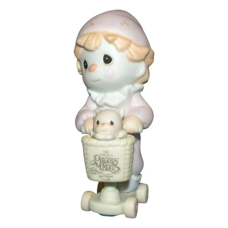 Precious Moments: b0111 Scootin  By Just To Say Hi This Birthday Club Charter Member themed Precious Moment is the perfect porcelain figurine to grow your collection  inspire another collection  or give as that special gift. Aptly titled Scootin  By Just To Say Hi  this figurine features animals or adorable children with tear dropped shaped eyes. Their expressions will tug at your heart strings  and the pastel coloring makes it a subtle yet elegant addition to your home. Place it in your curio cabinet  on your bedside table or proudly displayed in your living room. Wherever you put this porcelain bisque figurine  it’s sure to bring smiles and joy to your home.