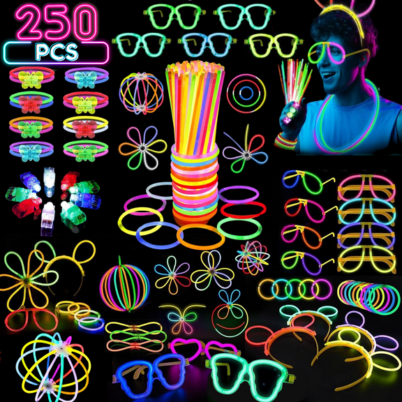 250 Pcs Glow in the Dark Party Supplies for Kids Adults, Light Up Favors with Rings, Glow Sticks DIY Glow Necklaces Bracelets Glass Hair band, Neon Party Supplies