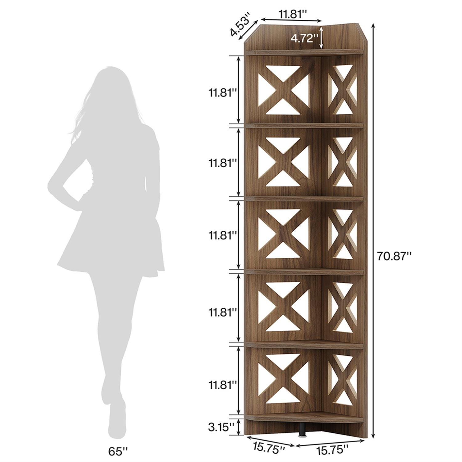 Demi Bonn 6 Tier Corner Bookcase, Wood Bookshelf Storage Organizer, 71" Tall Display Standing Shelf Unit for Bedroom, Living Room, Brown