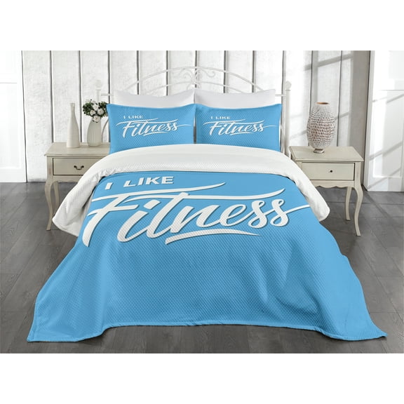 Ambesonne Fitness Quilted Bedspread Set 3 Pcs, I Like Fitness Words, King Size, Pale Blue and White