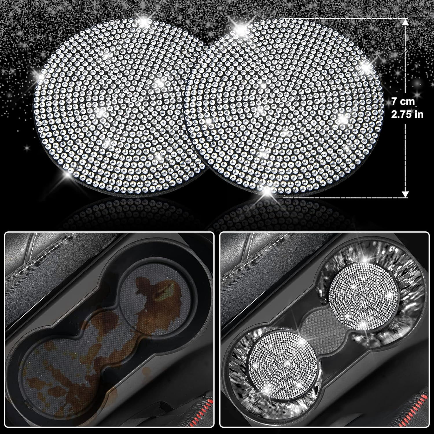CAR PASS 11 PCS Bling Diamond Car Accessories for Women, Sparkly Rhinestone Steering Wheel Cover, Bling Seat Belt Cushion, Glitter Shift Knob Cover, Car Cup Holder Coaster, Cute Interior Sets Black