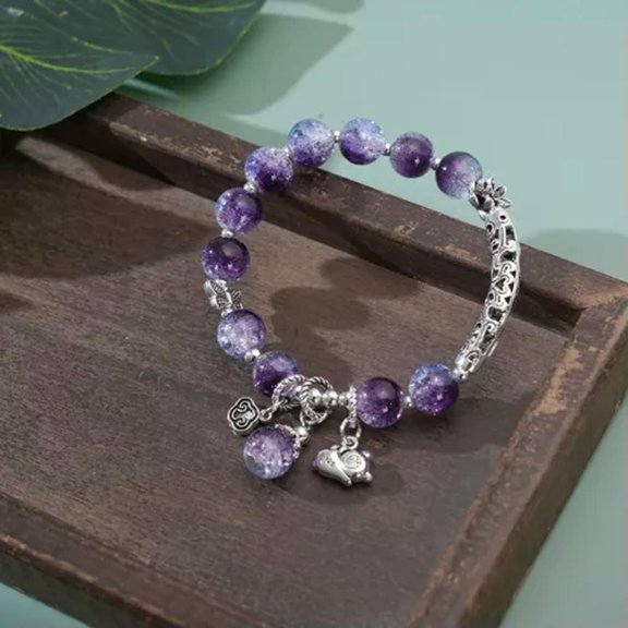 EOEMY Attract Wealth Good Luck Retro Crystal Butterfly Cat Pendant Bracelet Women Gift-Purple