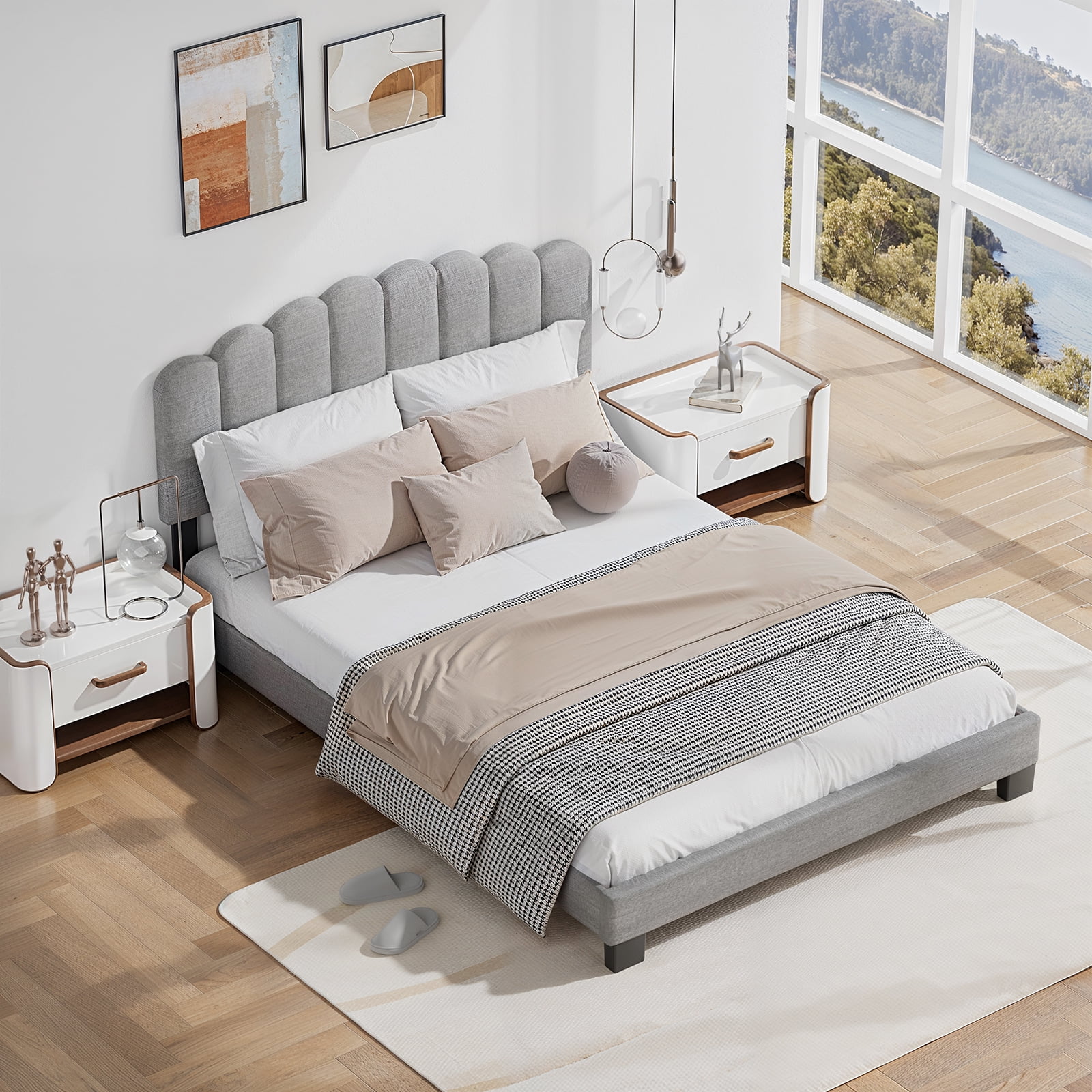 CHITOOMA Queen Size Platform Bed Frame with Velvet Upholstered Headboard and 12 Wooden Slats Support, No Box Spring Needed, Easy Assembly, Up to 1320 lbs, Grey