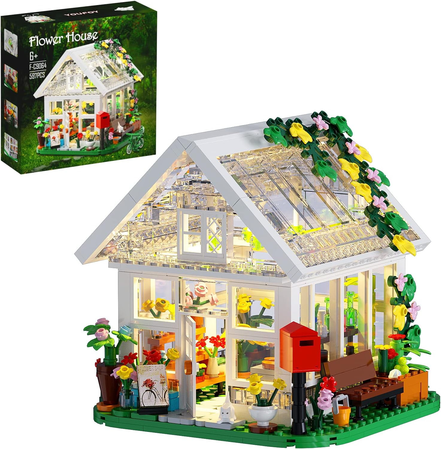 Flower House Building Set Garden House Building Toy with LED Light Build a Greenhouse Model Graduation Gift for Friends Girls (597pcs)