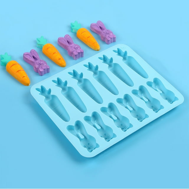 YoGold Easter Rabbit Carrot Silicone Molds 12 Cavity 3D Easter Themed Mould Tray DIY Baking Decorating Tools for Chocolate Candy Pudding Mousse Dessert Gummy Handmade Soap Clay Blue