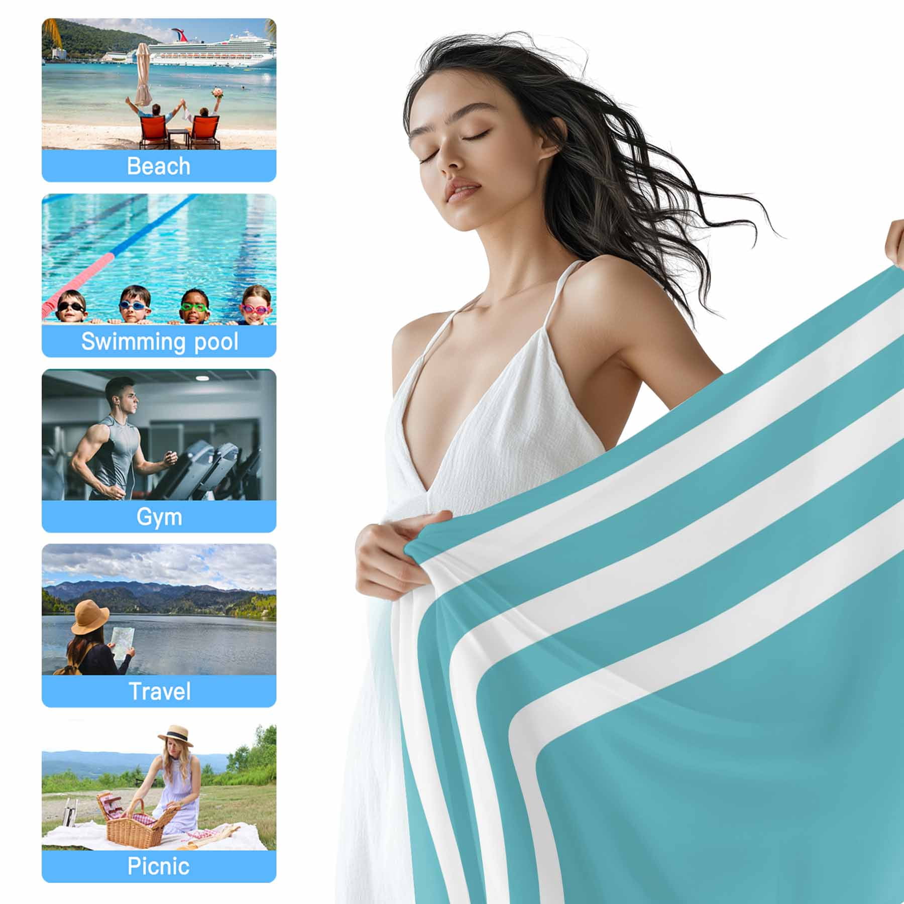 Beach Towel Nautical Anchor Bath Pool Towels Geometric Teal Blue Stripes Absorbent Beach Towel Soft Large Quick Dry Lightweight Camping Travel Sports Yoga Gym Swim Towels for Adult 35x70 Inch