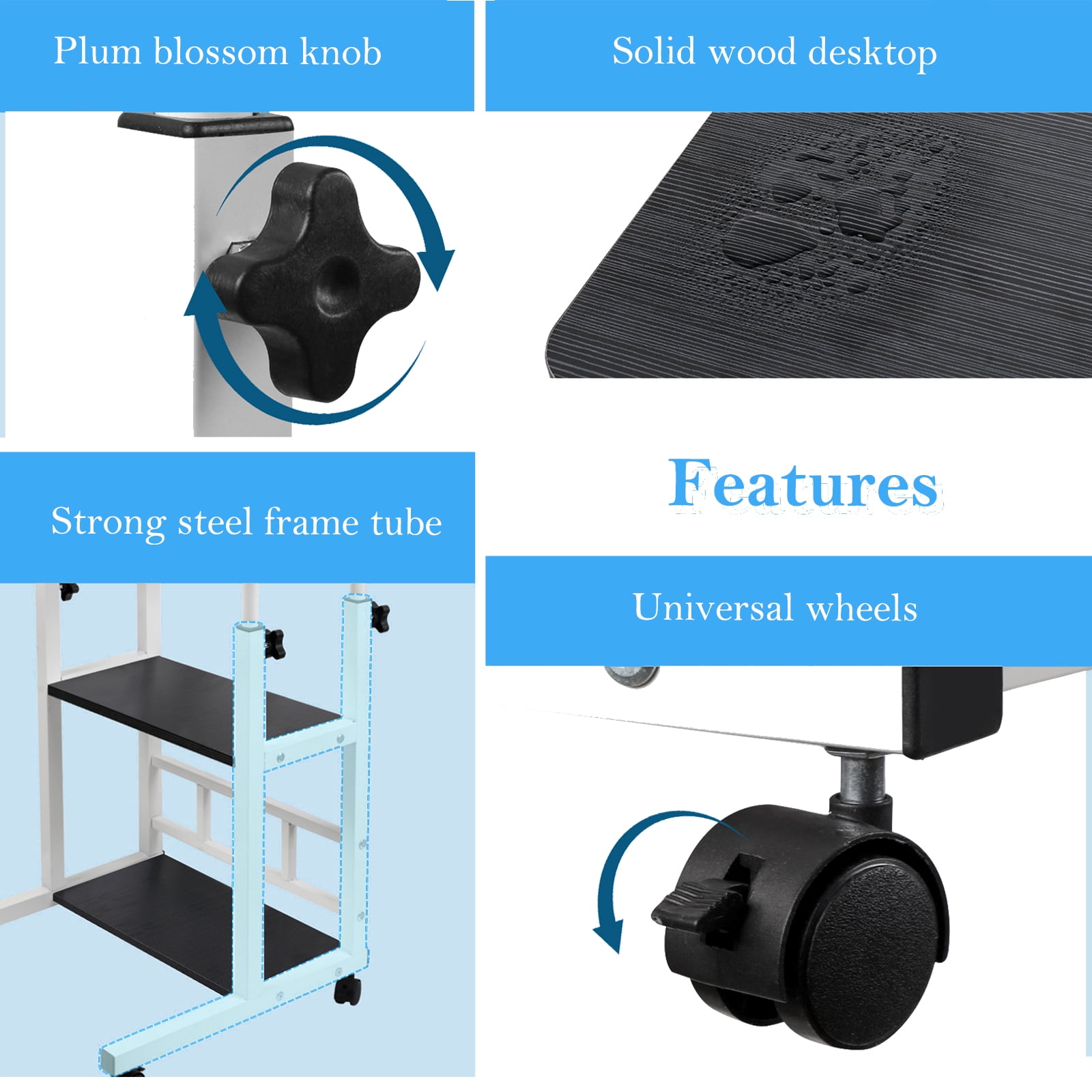 32 Inch Rolling Desk Black Adjustable Height Small Standing Desk on Wheels with Storage Shelves Portable Computer Desk for Home Office Study Small Spaces