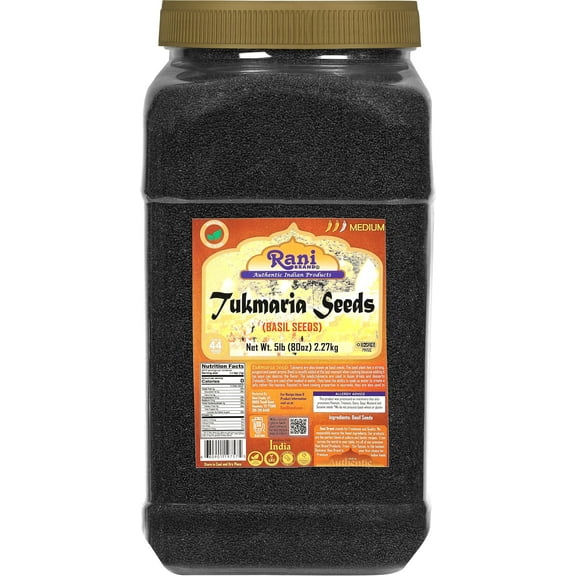 Rani Tukmaria (Holy Basil Seeds) 80oz (5lbs) 2.27kg, PET Jar, Used for Falooda / Sabja Dessert, Spice & Ayurveda Herbal ~ All Natural | Gluten Friendly | NON-GMO | Kosher | Vegan | Indian Origin