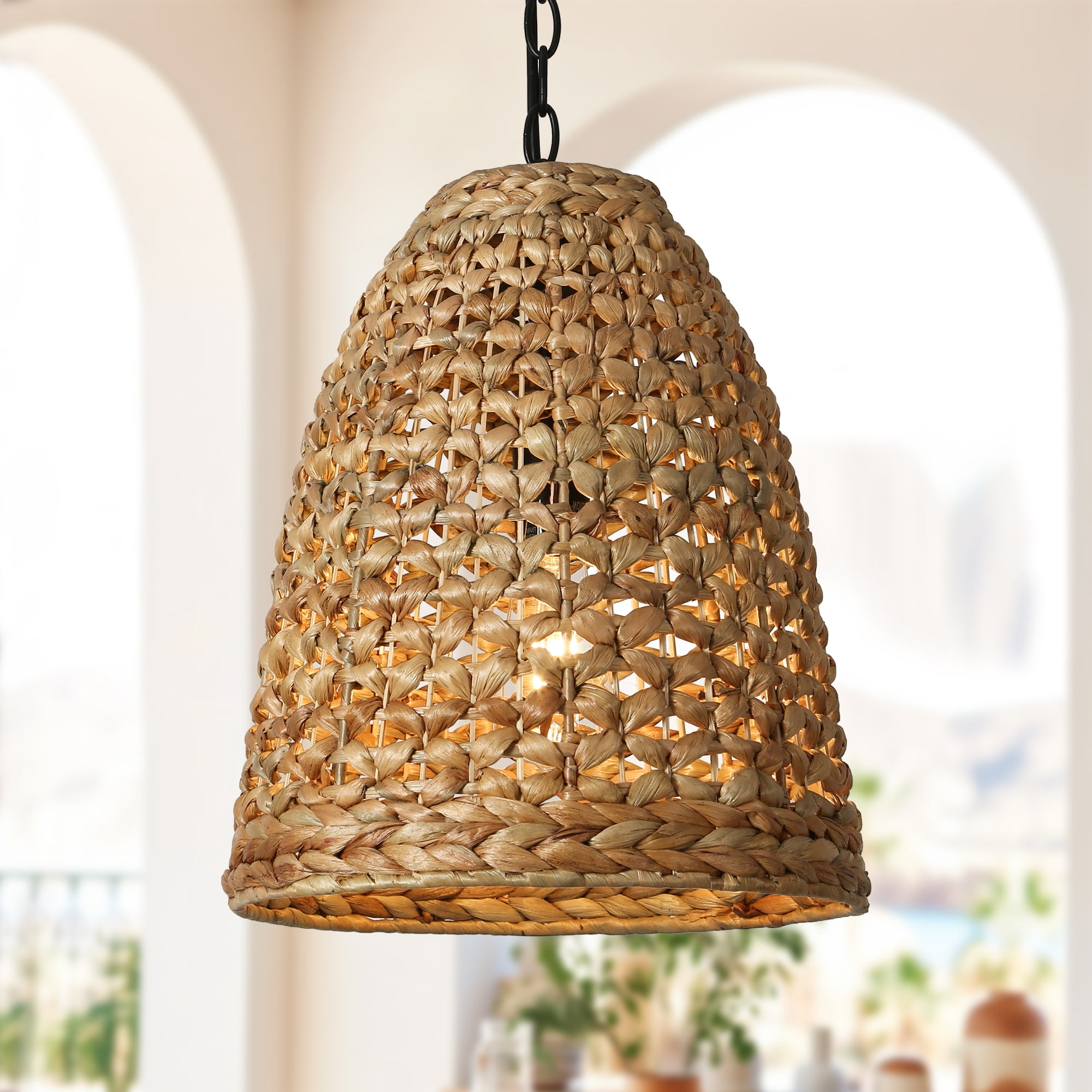 LNC Holophankton Black with Natural Brown Rattan Modern Bell Hanging Kitchen Island Light