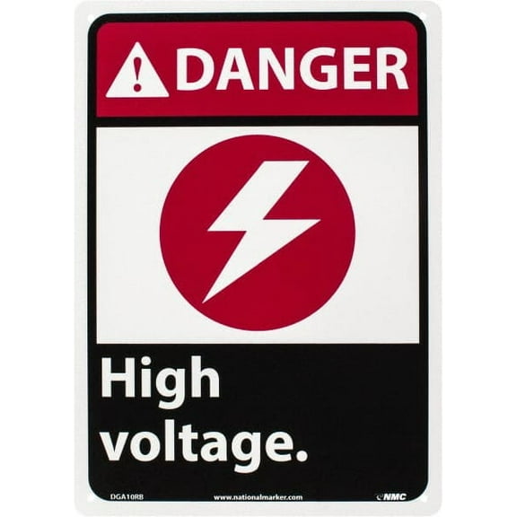 "Danger - High Voltage", 14" Long x 10" Wide, Rigid Plastic Safety Sign
