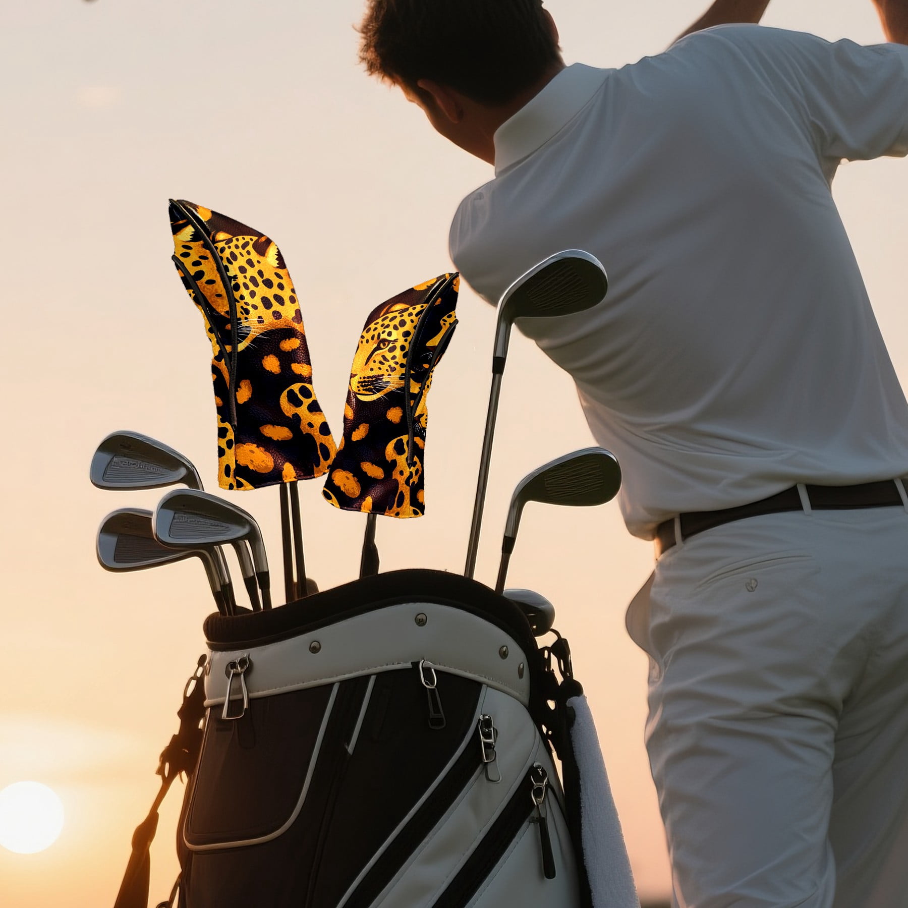 Golf Club Covers PU Leather Waterproof Head Covers for Fairway Woods Hybrids Leopard Pattern